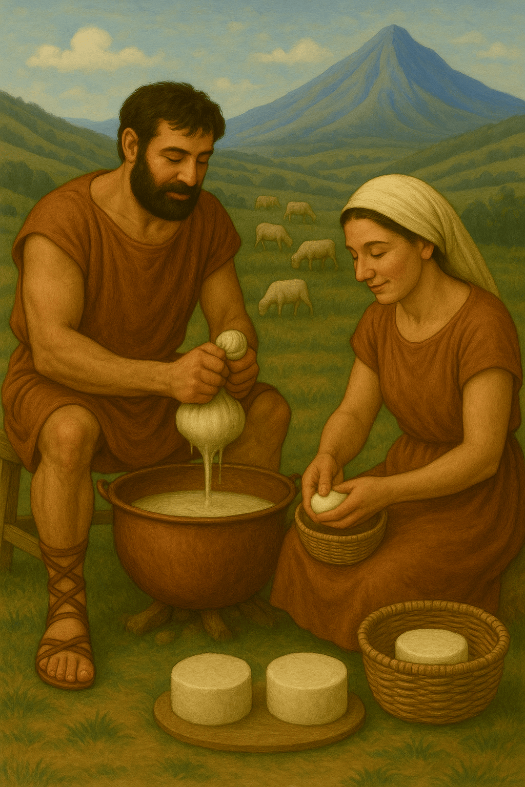 Ricostruzione grafica dell’attività di produzione casearia (generata con intelligenza artificiale).